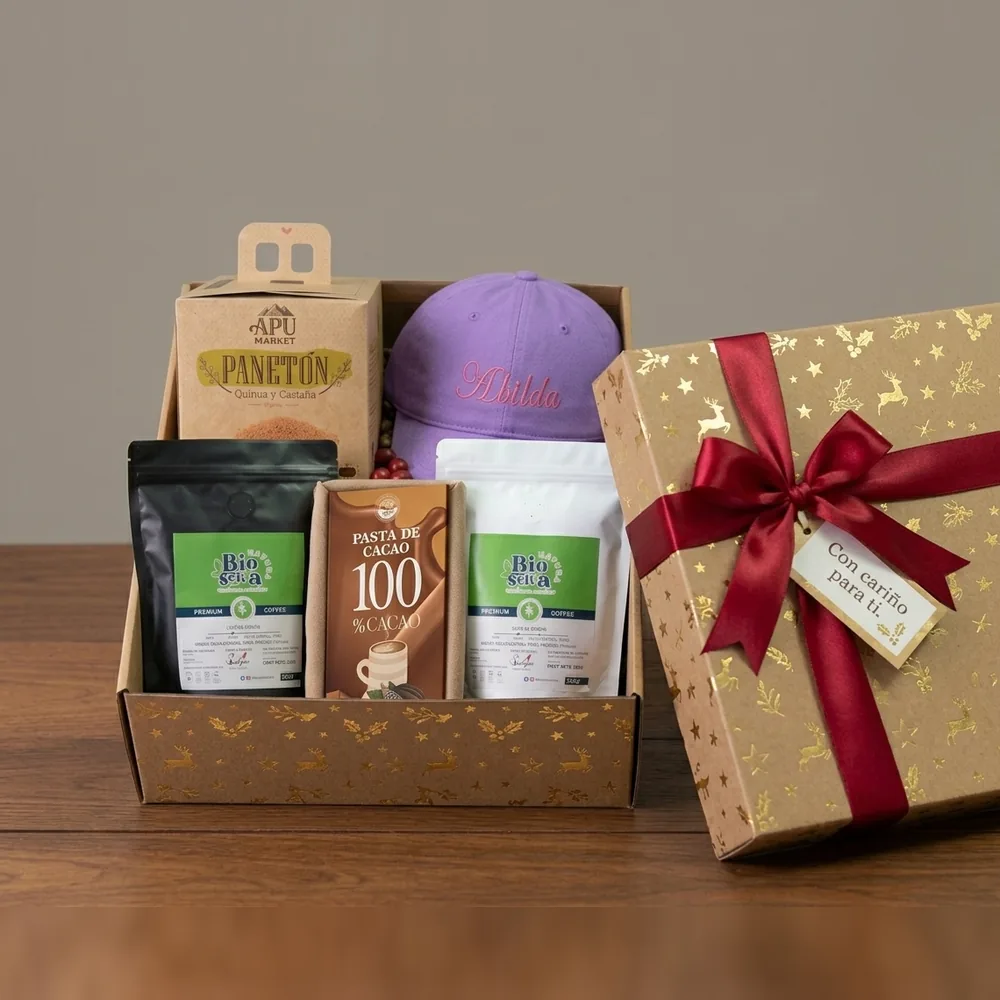 Canasta Kimsa con café, pasta de cacao, panetón y un producto personalizado en caja de cartón