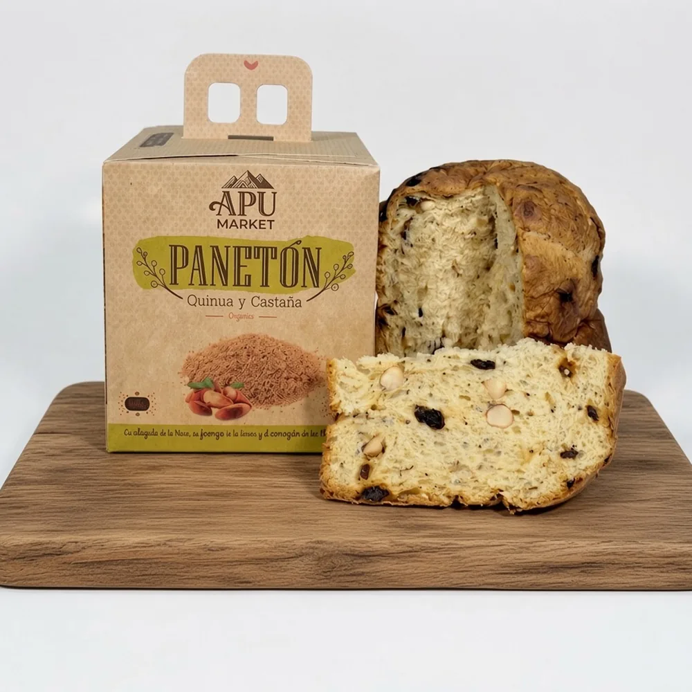 Panetón artesanal de quinua y castaña junto a su caja